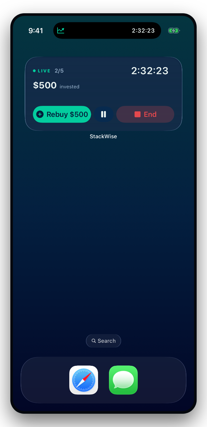 StackWise home-screen widget showing a live session, with controls to log a rebuy, pause, or resume without opening the app